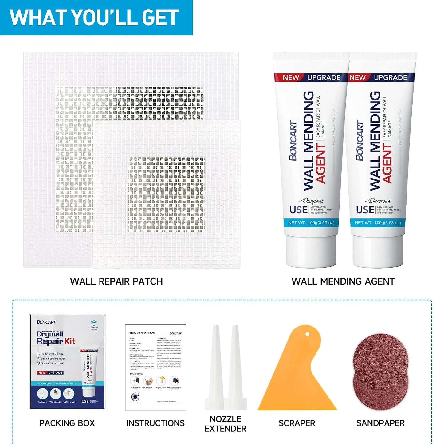 Drywall Repair Kit, 2-Pack Wall Mending Agent, Wall Spackle with Tools | Includes Scraper and Sandpaper. For Wall Surface Hole Fill, Quick And Easy Solution.