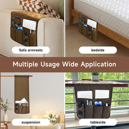 MEHIDFY Sofa Armrest Caddy, Waterproof Bedside Storage Organizer, Non Slip Armchair Pockets, Remote Control Holder for Couch, Handy Pouches with 6 Pockets for TV Remote, Phone, Magazine(Brown)