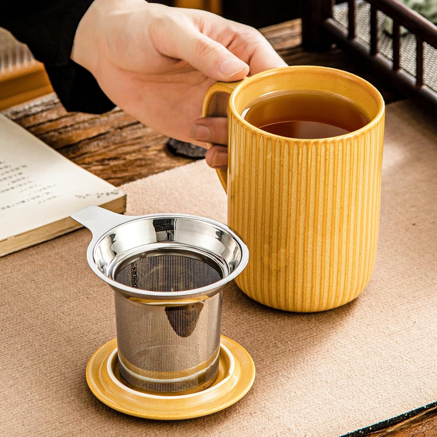 Yundu 15.5oz/470ml Flambe Purple Ceramics Teacups with Infuser and Lid, Loose Leaf Tea Cup