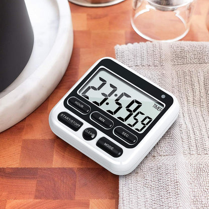 4-in-1 Digital Timer with Count Up/Down, Clock & Alarm, Ring & Silent Modes | Large 2.8-Inch easy-read LCD, On/Off switch, 24-Hour count up/down, Fast-forward function, Magnetic back, stand, hanging hole