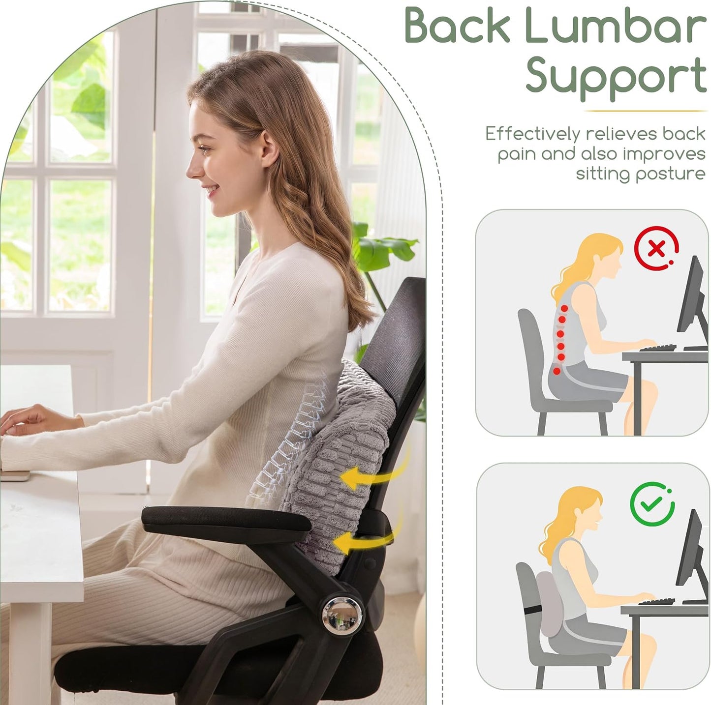 Lumbar Support Pillow for Recliner Chair/Office Chair/Couch, Memory Foam Back Support Cushion with Adjustable Strap, Recliner Cushions for Lower Back Pain Relief, Sleeping, Washable Cover, Beige
