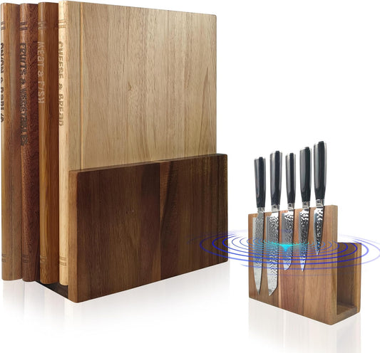 4 Pcs Book Cutting Board Set With Magnetic Knife Holder,Non Toxic Book Wood Cutting Boards With Labels,Made Of Four Different Solid Woods,Chopping Board For Kitchen Decoration (No Knives)(4)