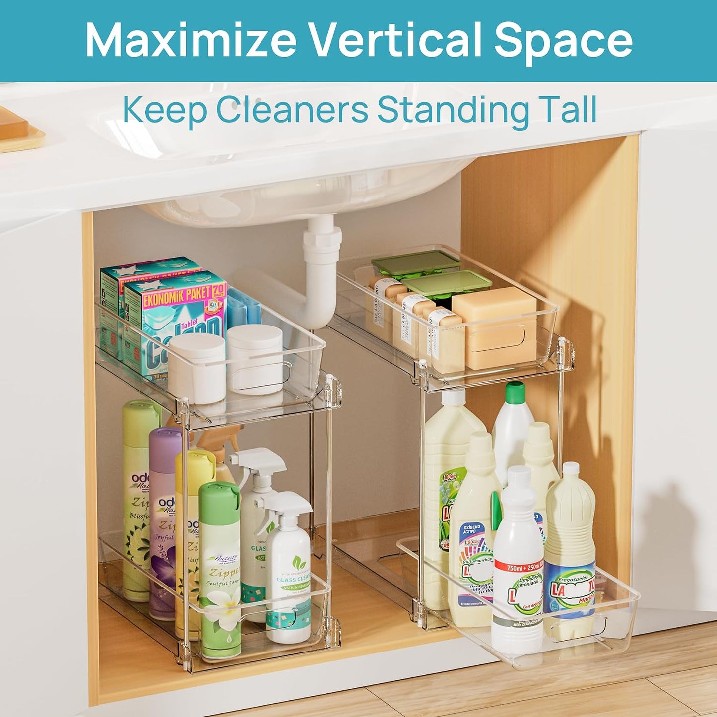Vtopmart 2 Pack Pull Out Bathroom Under Sink Organizer (S-Standard) | Slide-out drawers, Multi-purpose storage, Clear visibility, Easy Set-up