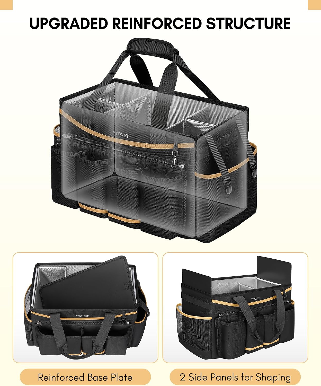 Ytonet Cleaning Caddy Bag, Extra Large Cleaning Supplies Organizer, Black | Detachable Apron & Foldable Dividers, 900D Cleaning Tote with Handle, Portable Cleaner Caddy for Housekeeper, Detailing Bag