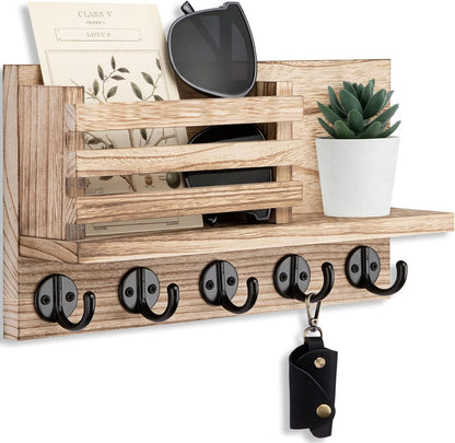 Lwenki Key Holder for Wall – Decorative Wooden Mail Holder and Key Shelf with Mounting Hardware, Installation Guide – Paulownia Wood with Metal Key Hooks (Black, Large - 11.8inch)