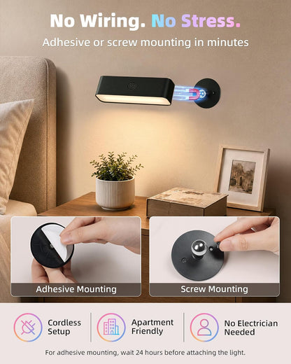 EZVALO Wall Sconces Set of 2, Rechargeable Battery Operated Wall Lights with Remote, RGB Mood Lighting & 3 White Tones, Dimmable Magnetic Wall Lamps for Bedroom, Gaming Room, Living Room Decor