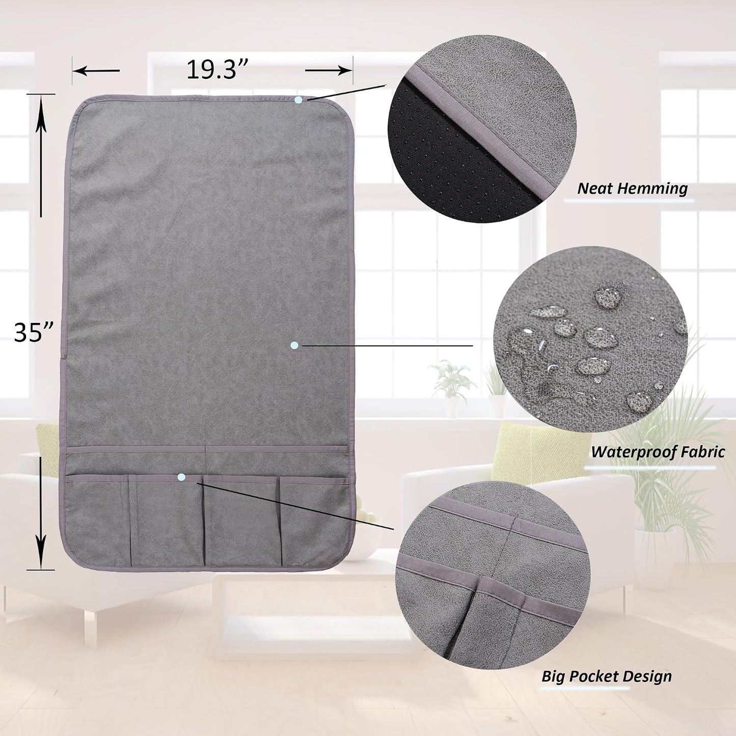 Armchair Caddy for Couch Remote Control Holder with 4 Pockets, Grey 1 Pack | Non-slip, Waterproof, Sofa Armset Organizer, Couch Chair Armrest Storage for TV Remote Control Phone Book Magazine 35"x13"