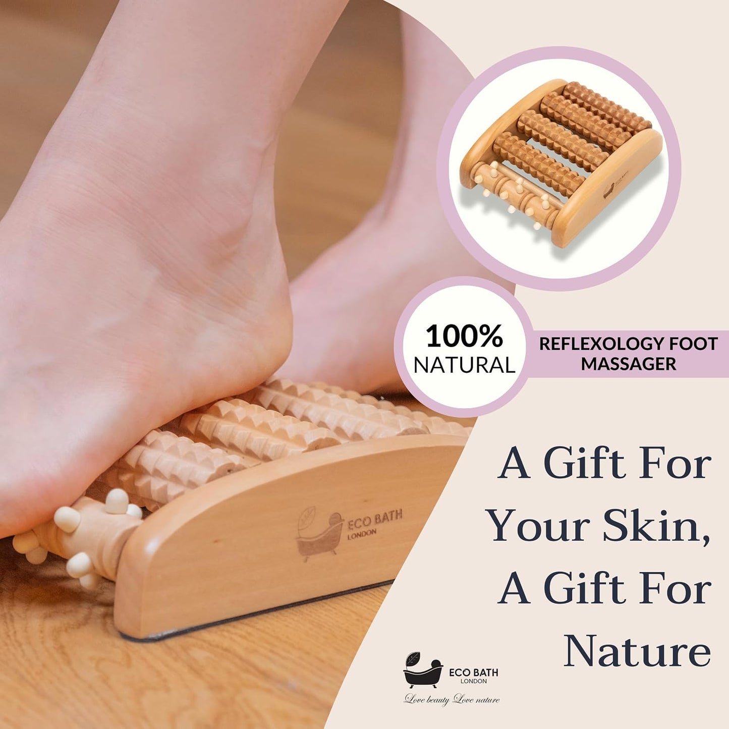 Eco Bath London Reflexology Foot Roller - Wooden Foot Massager for Plantar Fasciitis and Foot Pain Relief, Massage Roller for Improved Circulation