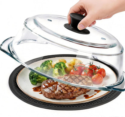Glass Microwave Splatter Cover for Food with Microwave Place Mat - Sturdy Plate Guard Lid with Vent Holes and Easy-Grip Silicone Handle - BPA Free, Dishwasher Safe (Black)