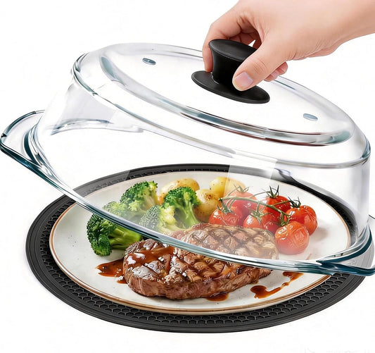 Glass Microwave Splatter Cover for Food with Microwave Place Mat - Sturdy Plate Guard Lid with Vent Holes and Easy-Grip Silicone Handle - BPA Free, Dishwasher Safe (Black)