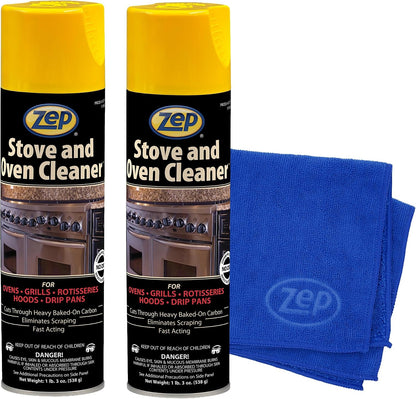 Zep Stove & Oven Cleaner 19 oz (2 Pack) + Blue Microfiber Rag | One 2-pack of 19 oz Zep Stove & Oven Cleaner plus one reusable blue microfiber rag for baked-on grease cleanup.