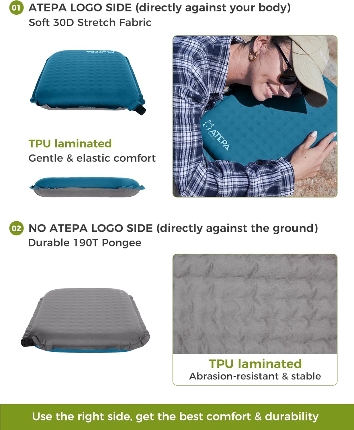 ATEPA Inflatable Seat Cushion | 2" & 2.5" foam core seat pad, Self inflating, Compact, Stadium, Airplane, Travel, Camping, Hiking, Sports events