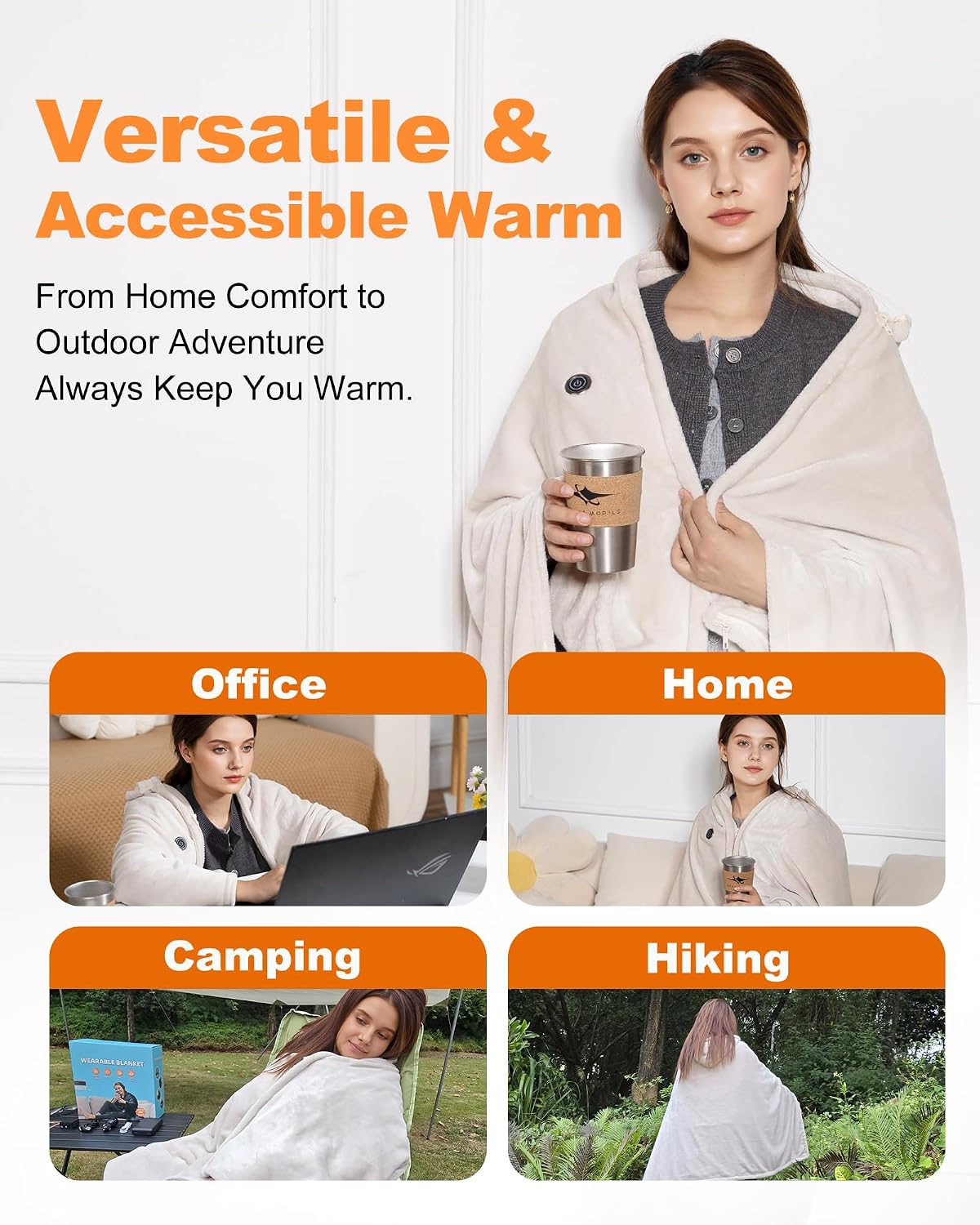 MIMYTH Cordless Heated Blanket with Hood, Rechargeable Wearable Heated Blanket Battery Powered, Lasting Battery, 9 Heating Zones, 3 Levels, Portable Heated Throw, Camping (Warm Stone Gray)