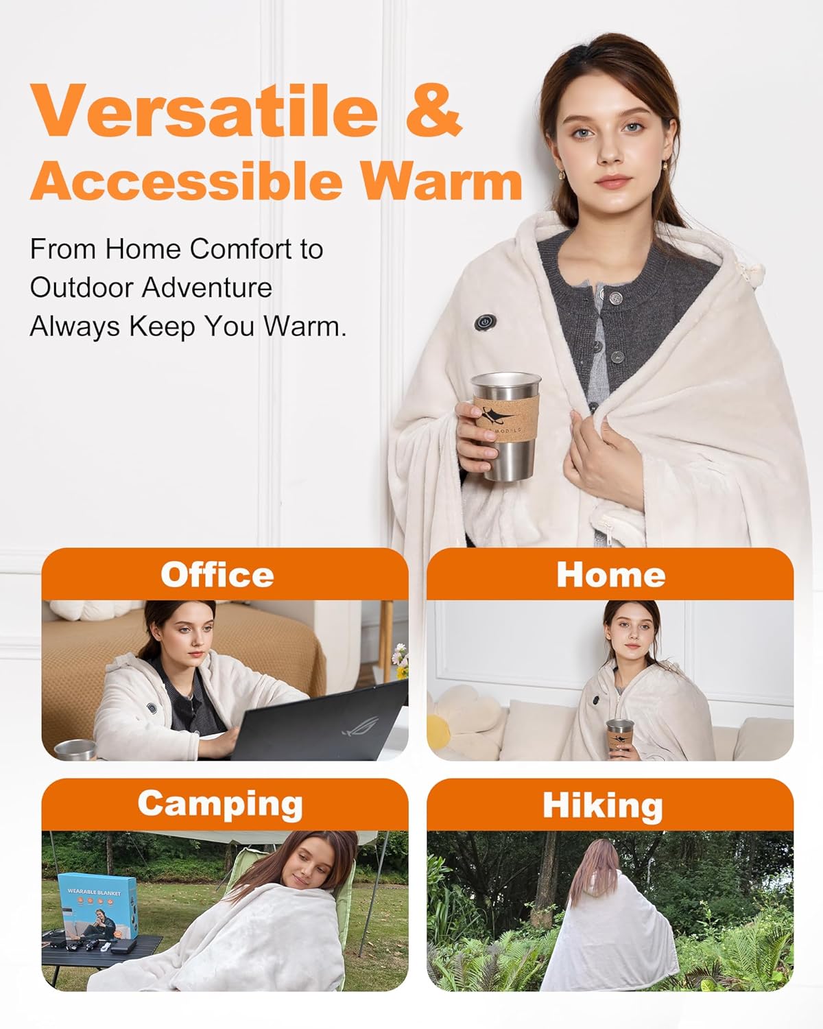 MIMYTH Cordless Heated Blanket with Hood, Rechargeable Wearable Heated Blanket Battery Powered with Lasting Battery, Portable Heated Throw Blanket with 9 Heating Zones & 3 Levels, Camping (Wool Gray)