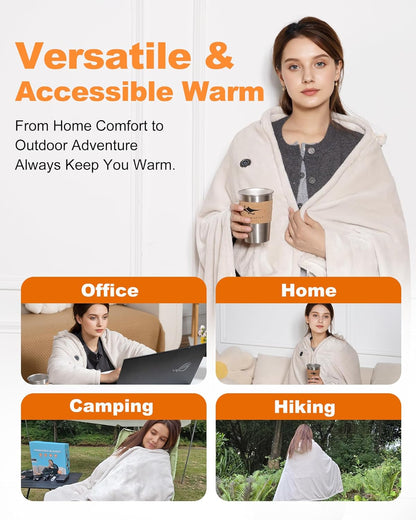 MIMYTH Cordless Heated Blanket with Hood, Rechargeable Wearable Heated Blanket Battery Powered with Lasting Battery, Portable Heated Throw Blanket with 9 Heating Zones & 3 Levels, Camping (Wool Gray)