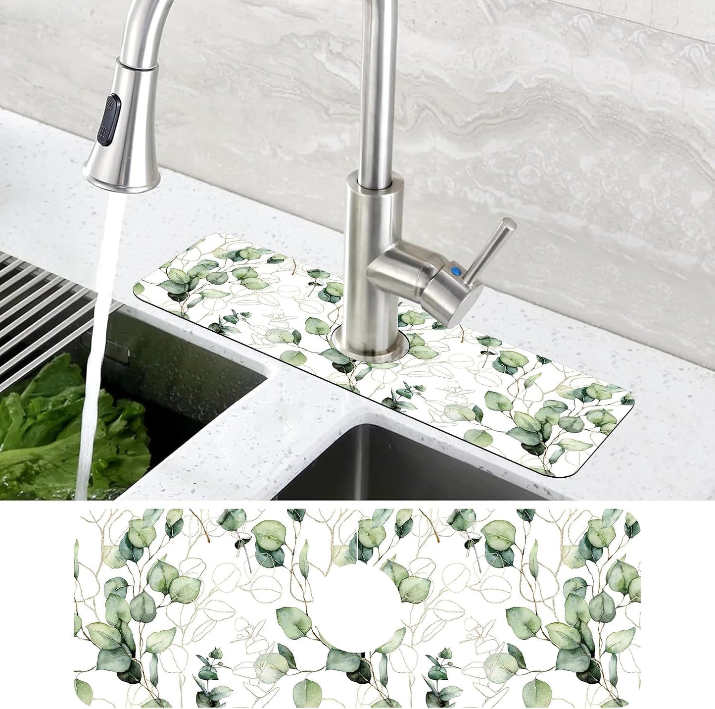 Abstract Watercolor Leaves Sink Faucet Absorbing Mat Sink Splash Guard Faucet Mat Draining Mat Fast Drying Sink Protectors for Kitchen and Bathroom 5.5"×15"
