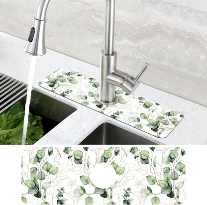 Abstract Watercolor Leaves Sink Faucet Absorbing Mat Sink Splash Guard Faucet Mat Draining Mat Fast Drying Sink Protectors for Kitchen and Bathroom 5.5"×15"