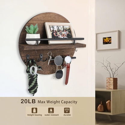 Key Holder for Wall Decorative with Shelf and Hooks, Mail Organizer Wall Mount with Sunglasses Holder, Circular Design Entryway Key Rack Hanger, Rustic Home Decor Boho Wall Decor (White)