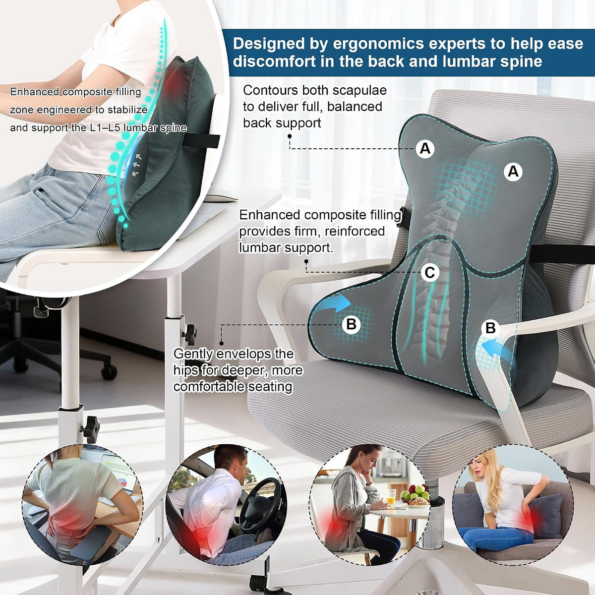 Lumbar Support Pillow(Pat. Pend) – Multi-Functional Ergonomic Back Cushion for Sofa Chair, Car Seat & Sofa, Reading Pillow with Firm Multi-Zone Support to Relieve Lower Back Pain, Misty White