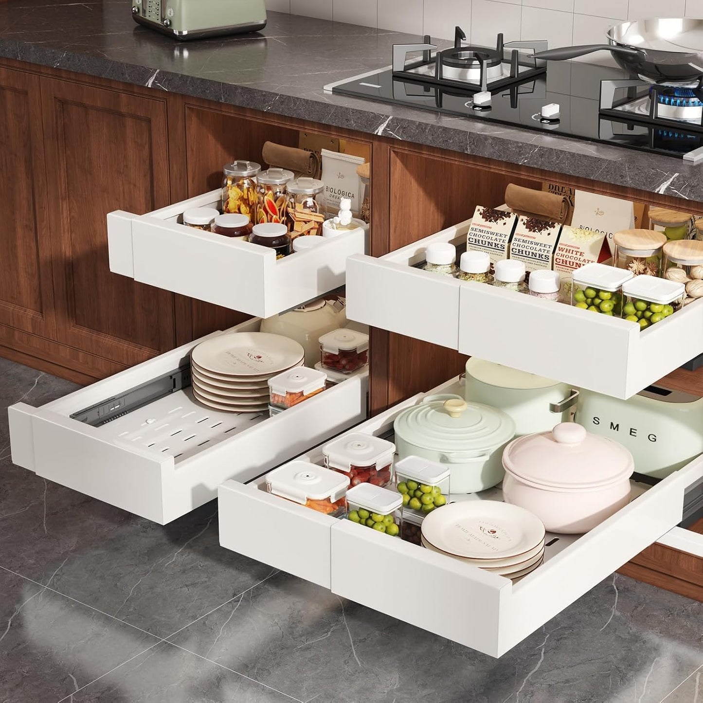 Seinloes Pull Out Cabinet Organizer,4-Side Expandable to Maximize Cabinet Space,Slide Out Drawers with 3 Rail Design,Roll Out Shelf with Raising Pad for Framed Cabinet,13"-21"W x 17"-24"D,White,2 Pack