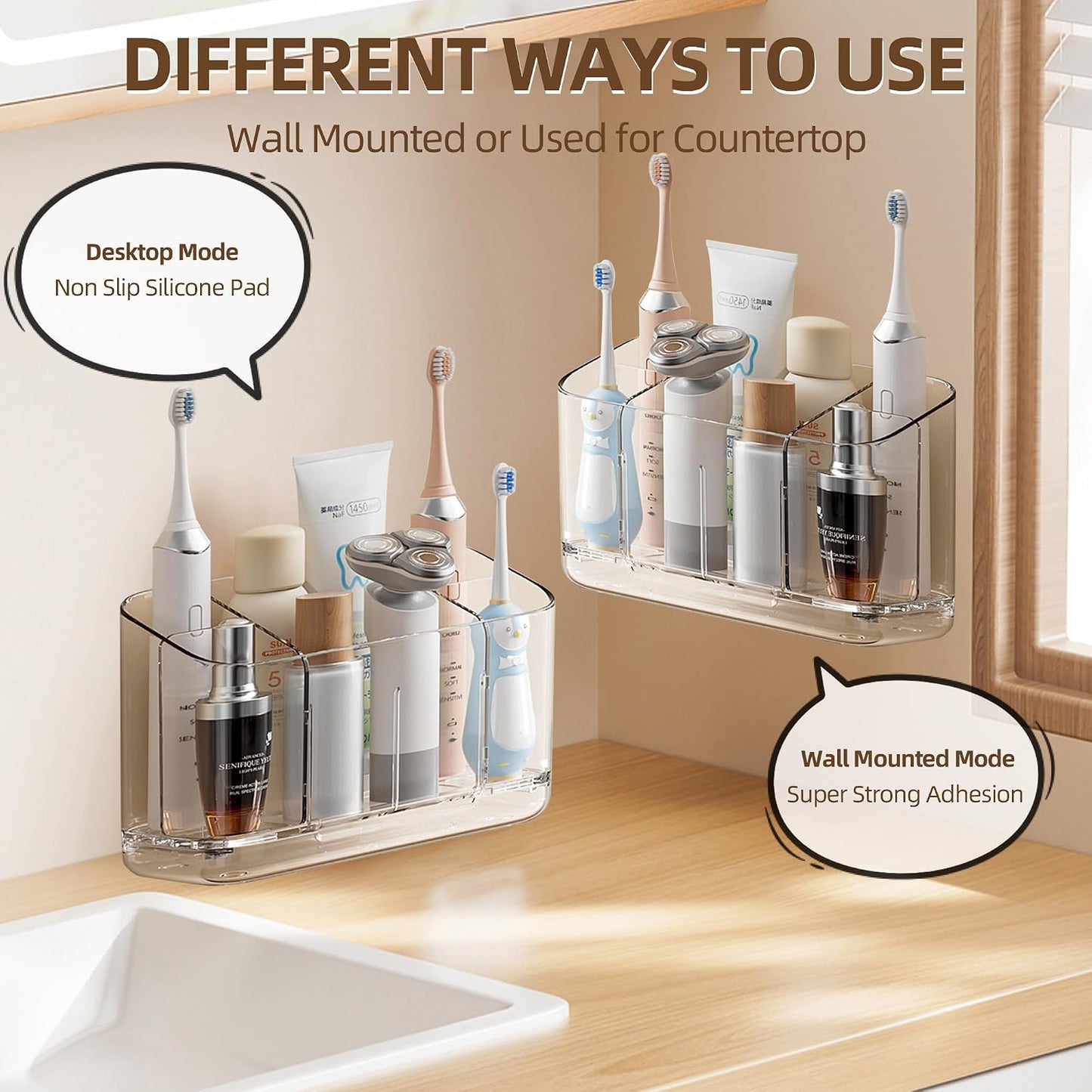 Toothbrush Holder Wall Mounted,Detachable Toothbrush and Toothpaste Holder | with Divider for Bathroom, Anti-Slip Electric Tooth Brush Holder Set with Drainage, Bathroom Accessory - Clear