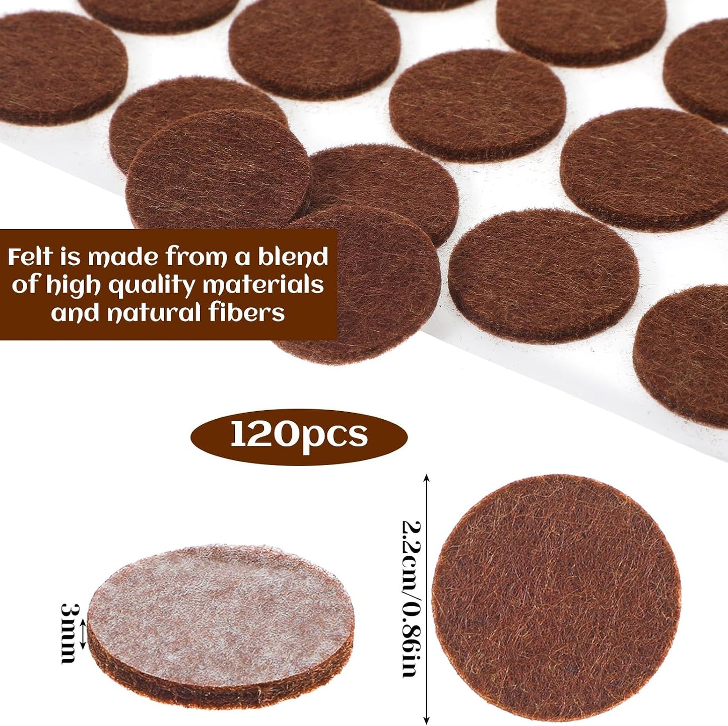 120 PCS Felt Pads for Cabinet Doors, Felt Furniture Pads 1/2 Inch Round Chairs, Self-Adhesive to Protect Surfaces (Brown, 0.87 inch)