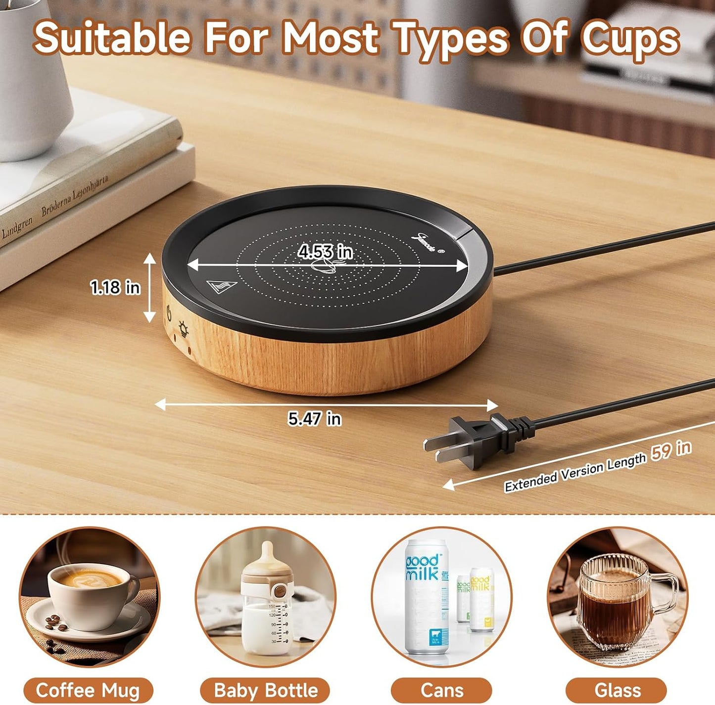 36W Mug Warmer, 3 Temperature Settings, Auto Shut Off (2-12H), Max 176°F, Wood Grain Design with Ambient Light,Ideal Gift for Home & Office (Wood Grain)