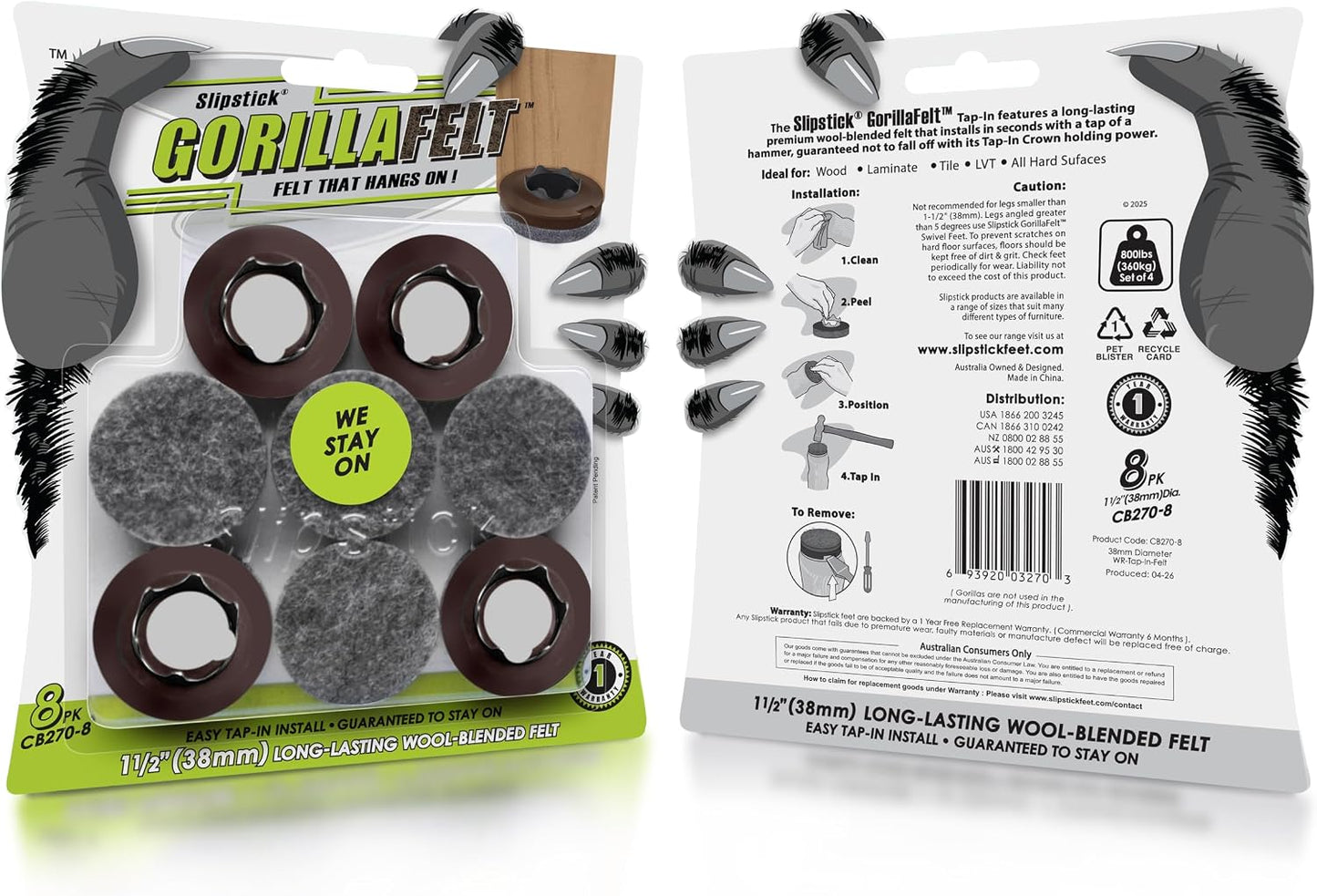 Slipstick Gorilla Felt Furniture Pads (189 Piece Variety Pack) Premium Furniture Pads & Chair Leg Floor Protectors for Hardwood Floors & Hard Surfaces