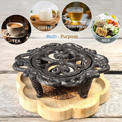 6.1 Inches Cast Iron Teapot Warmer Dish Cups Trivet,Flower-Shaped Design with Tealight Holder - Heavy Duty & Decorative Candle Holder Stands for Heat Food Coffee Milk or Tea