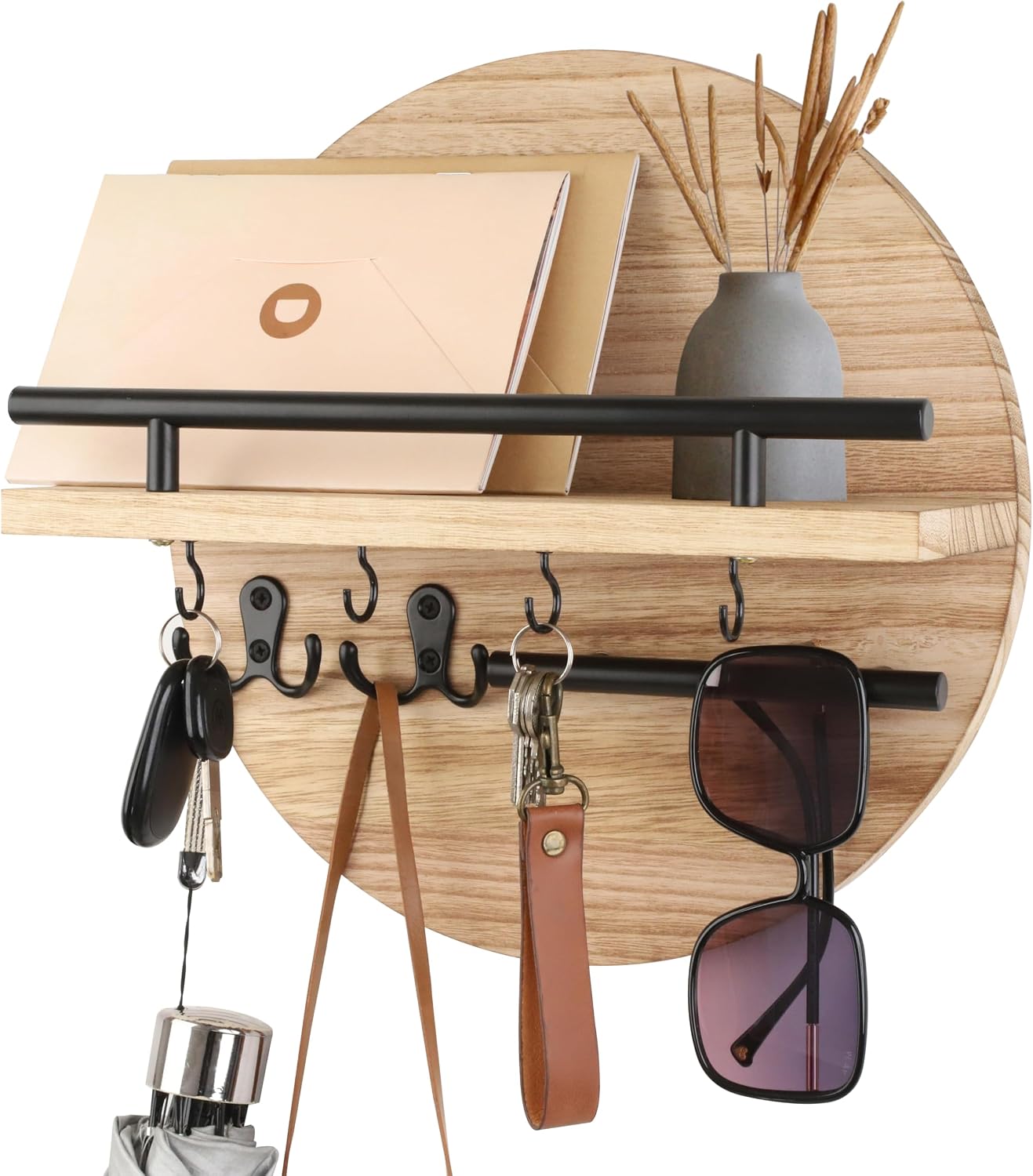 Gurfuy Key Holder for Wall with Shelf - Wood Mail Organizer and Rack with Shelf Hooks Wall Mounted for Entryway Decor Magazines Letter Storage Farmhouse Living Room Bedroom Doorway Green