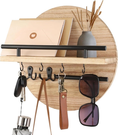 Gurfuy Key Holder for Wall with Shelf - Wood Mail Organizer and Rack with Shelf Hooks Wall Mounted for Entryway Decor Magazines Letter Storage Farmhouse Living Room Bedroom Doorway Green