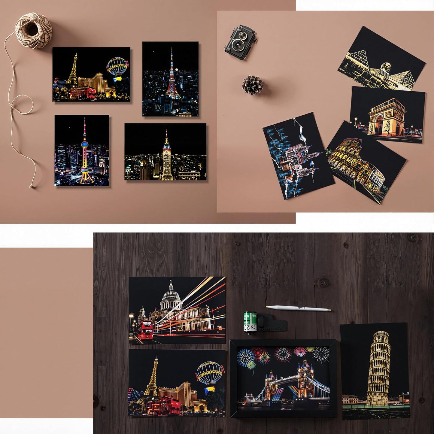 12-Sheet Rainbow Scratch Art Set with Tools, World Landmark Postcard Kit | Rainbow scratch paper and scratch cards with landmark views for a screen-free craft; finish each postcard to send or display