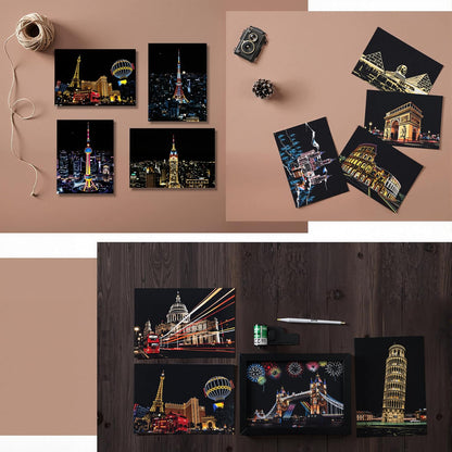 12-Sheet Rainbow Scratch Art Set with Tools, World Landmark Postcard Kit | Rainbow scratch paper and scratch cards with landmark views for a screen-free craft; finish each postcard to send or display