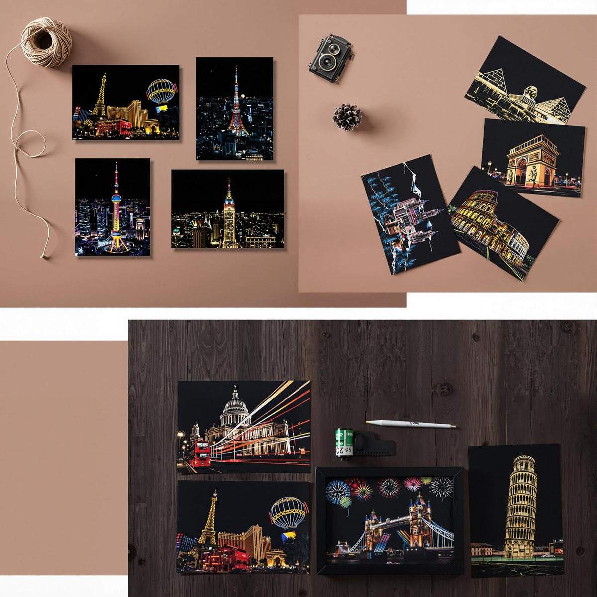 12-Sheet Rainbow Scratch Art Set with Tools, World Landmark Postcard Kit