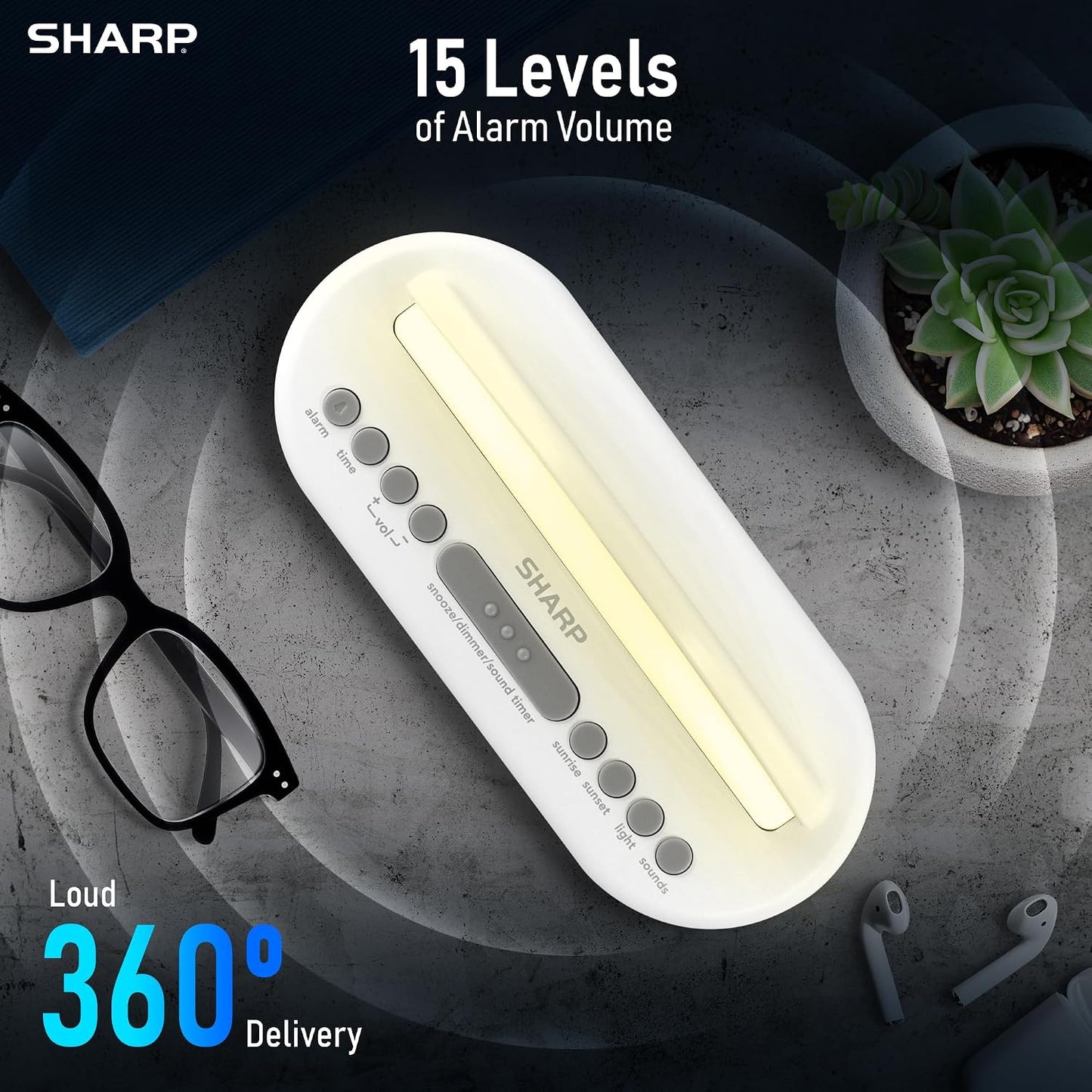 SHARP Sunrise Alarm Clock with Wake-Up Light, Sleep Sounds and Night Light | Sunrise wake light; Sunset sleep timer; 5 sleep sounds; 8-color night light; Dimmer; Snooze; Battery backup