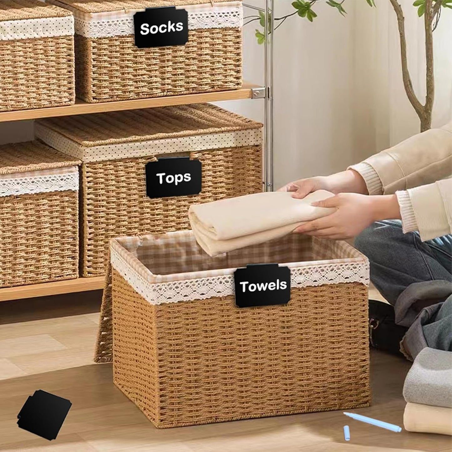 20 Basket Labels Clip On, Reusable Labels for Storage Bins, Removable Chalk Labels for Containers, Kitchen Closet Baskets and Storage Basket Holders with 2 White Chalk Markers