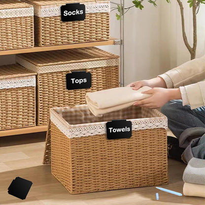 20 Basket Labels Clip On, Reusable Labels for Storage Bins, Removable Chalk Labels for Containers, Kitchen Closet Baskets and Storage Basket Holders with 2 White Chalk Markers