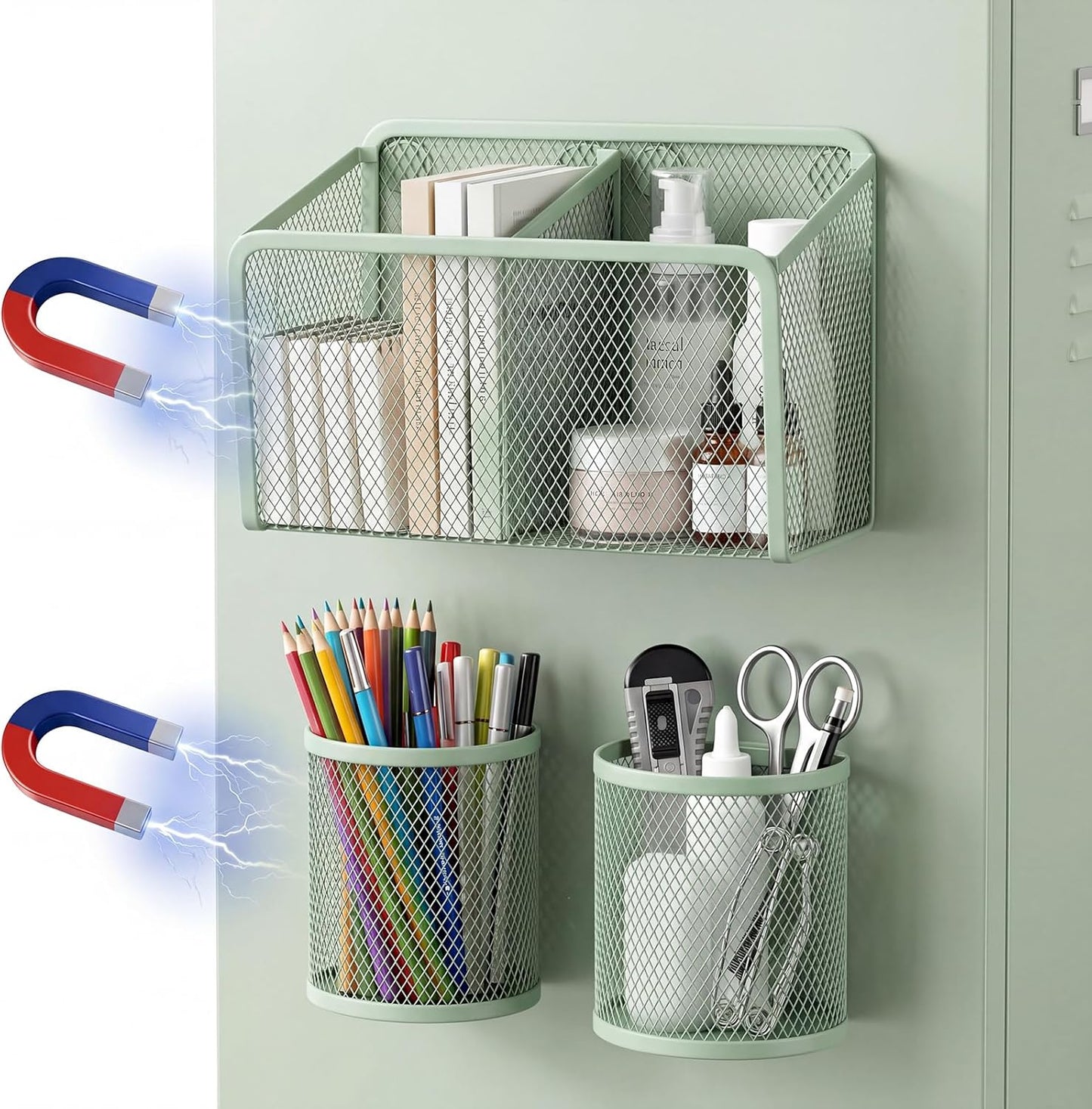 3 Pcs Magnetic Locker Accessories Mesh Metal Pen Holder,Sage Green | Strong Magnets Magnetic Pencil Holder, Mesh Metal Marker Storage Basket Organizer, for Locker Whiteboard Fridge School Office