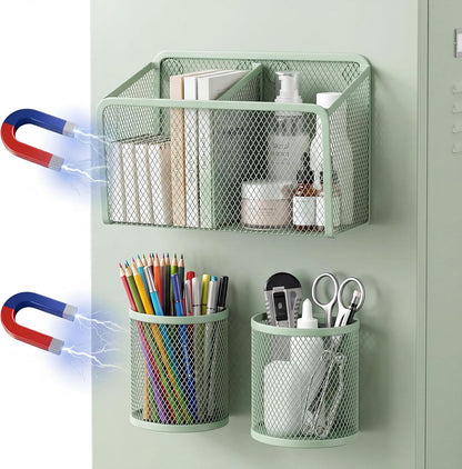 3 Pcs Magnetic Locker Accessories Mesh Metal Pen Holder,Sage Green | Strong Magnets Magnetic Pencil Holder, Mesh Metal Marker Storage Basket Organizer, for Locker Whiteboard Fridge School Office