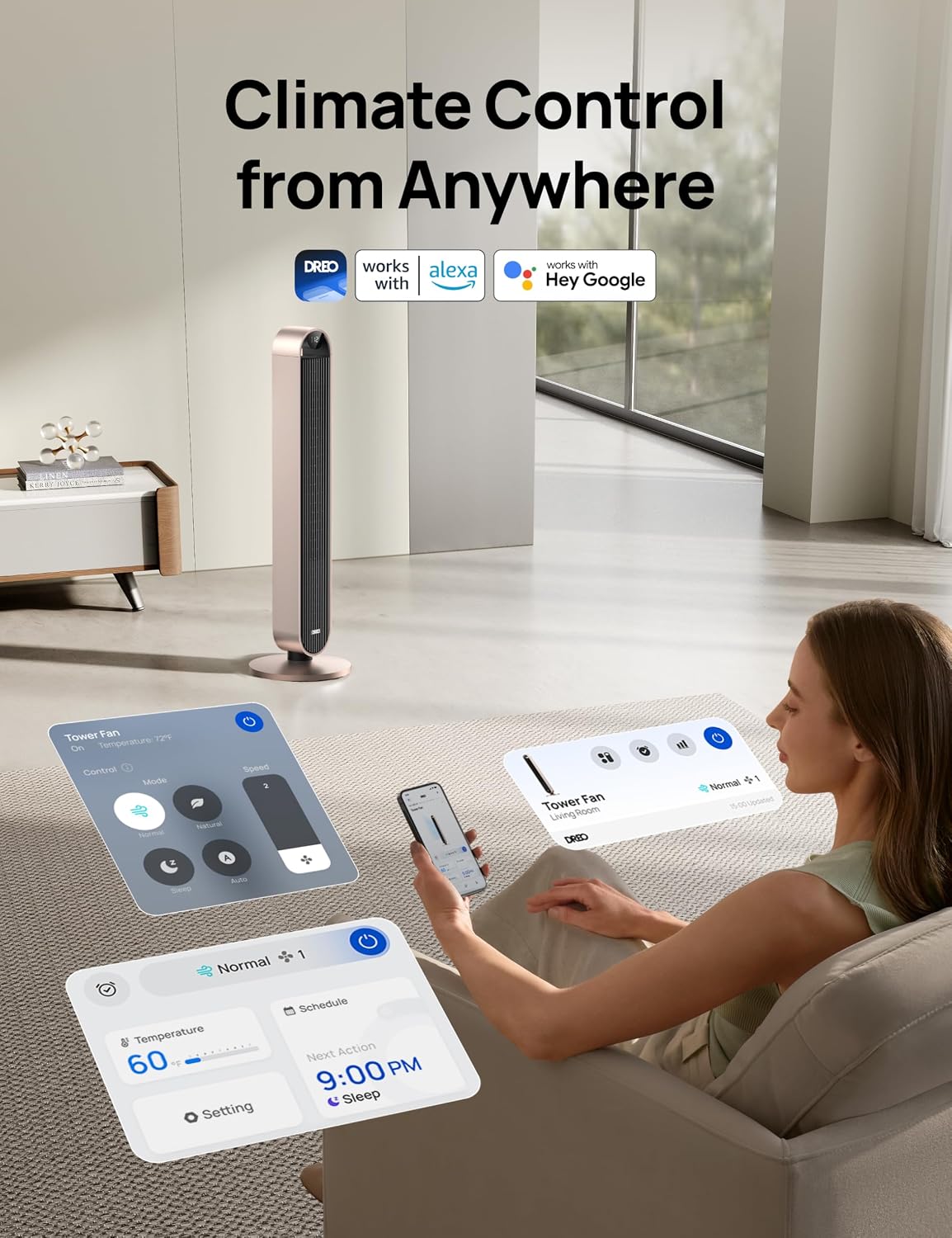 DREO Smart Tower Fan for Bedroom, 120° Oscillating Fan, 12 Speeds