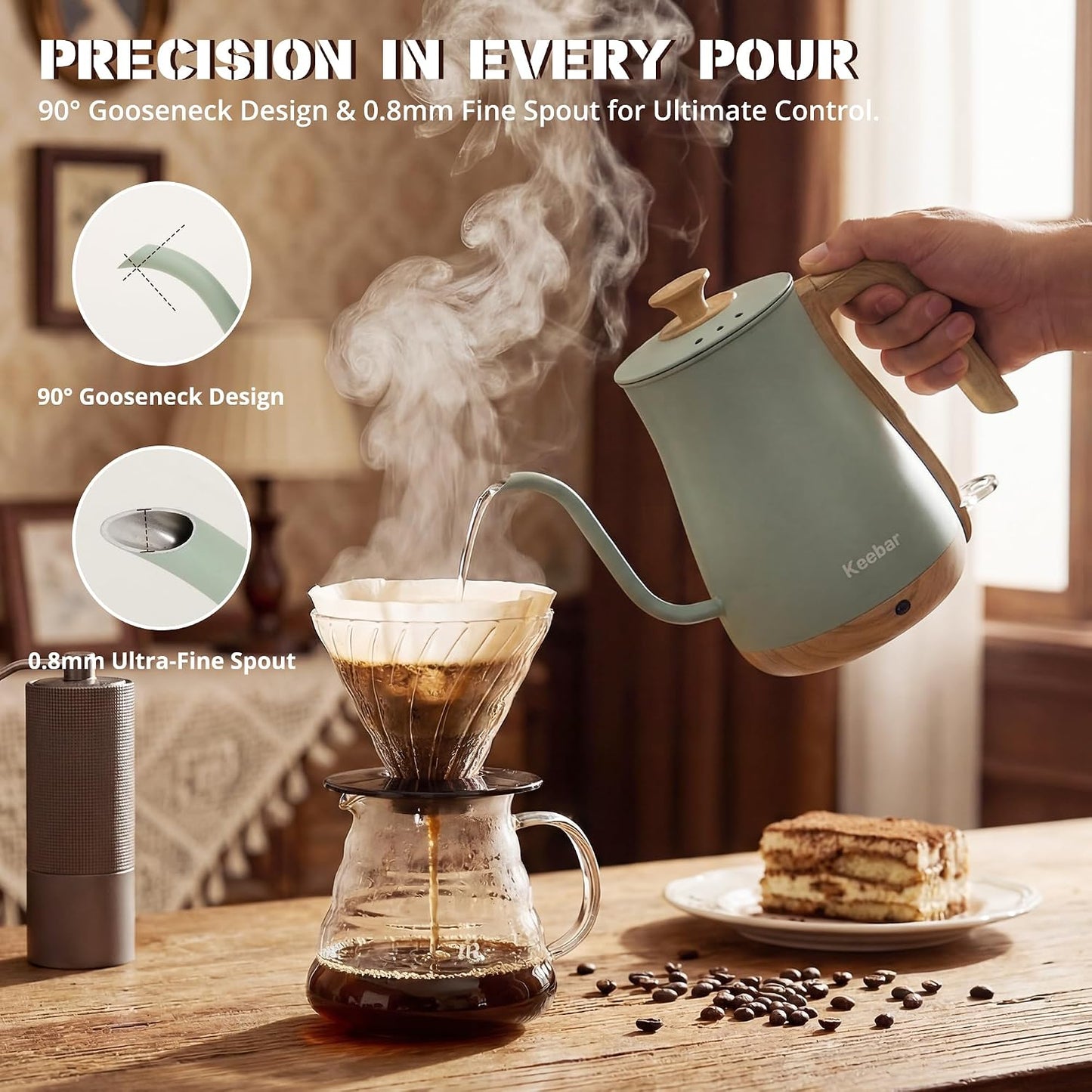 Gooseneck Electric Kettle, 0.8 L, 1000 W, Auto Shut-Off, Light Green | Compact 0.8 L Kettle With Stainless Steel Interior, Gooseneck Pour, Wood-Grain Handle, Auto Shut-Off And Boil-Dry Protection