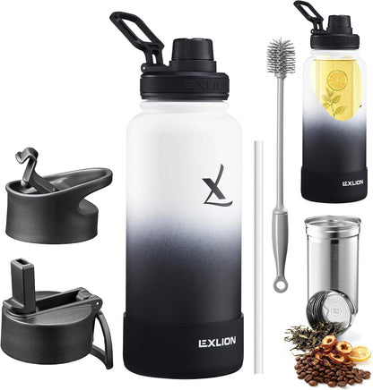 Lexlion Tea Infuser Water Bottle 22 Oz – Triple Wall Insulated Stainless Steel, Loose Leaf & Fruit Strainer, 3 Leakproof Lids, BPA-Free Silicone Sleeve, Reusable Thermal Mug