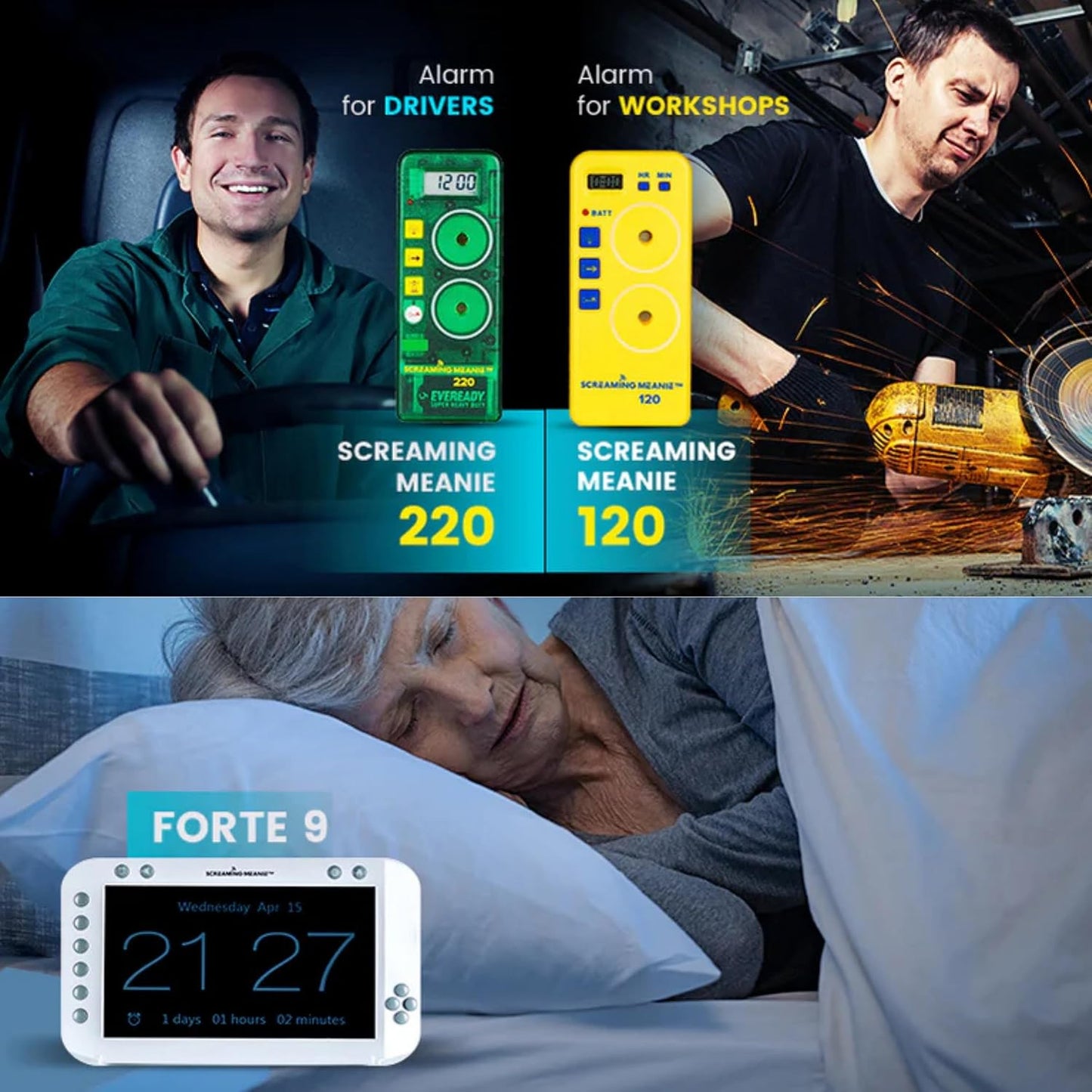 Screaming Meanie 220 Alarm Clock & Time for Deep Sleepers, Black | Extremely Loud Multi-Purpose Clock with three adjustable alarm volume levels (70, 90, and 120 dB), includes 9V battery.