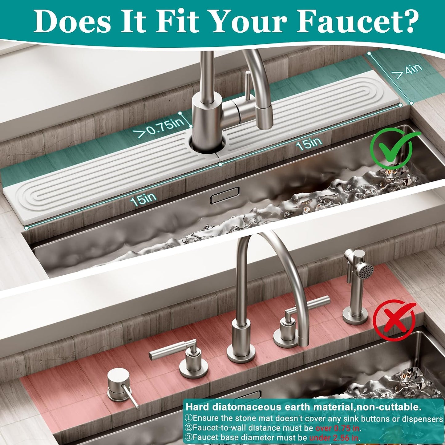 Stone Faucet Mat for Kitchen Sink - Quick Dry Diatomite Sink Splash Guard, Prevents Moisture Buildup & Water Stains, Water Absorbing Stone Tray for Bathroom Countertop (Dark Gray, 23.6" x 4")