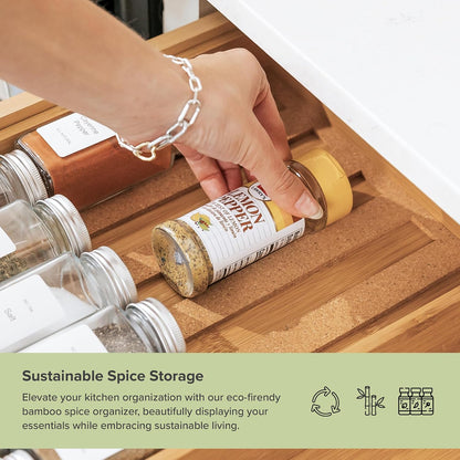 Expandable Spice Drawer Organizer, Bamboo | Holds up to 15 spice jars (not included), non-slip feet, 100% sustainable bamboo wood
