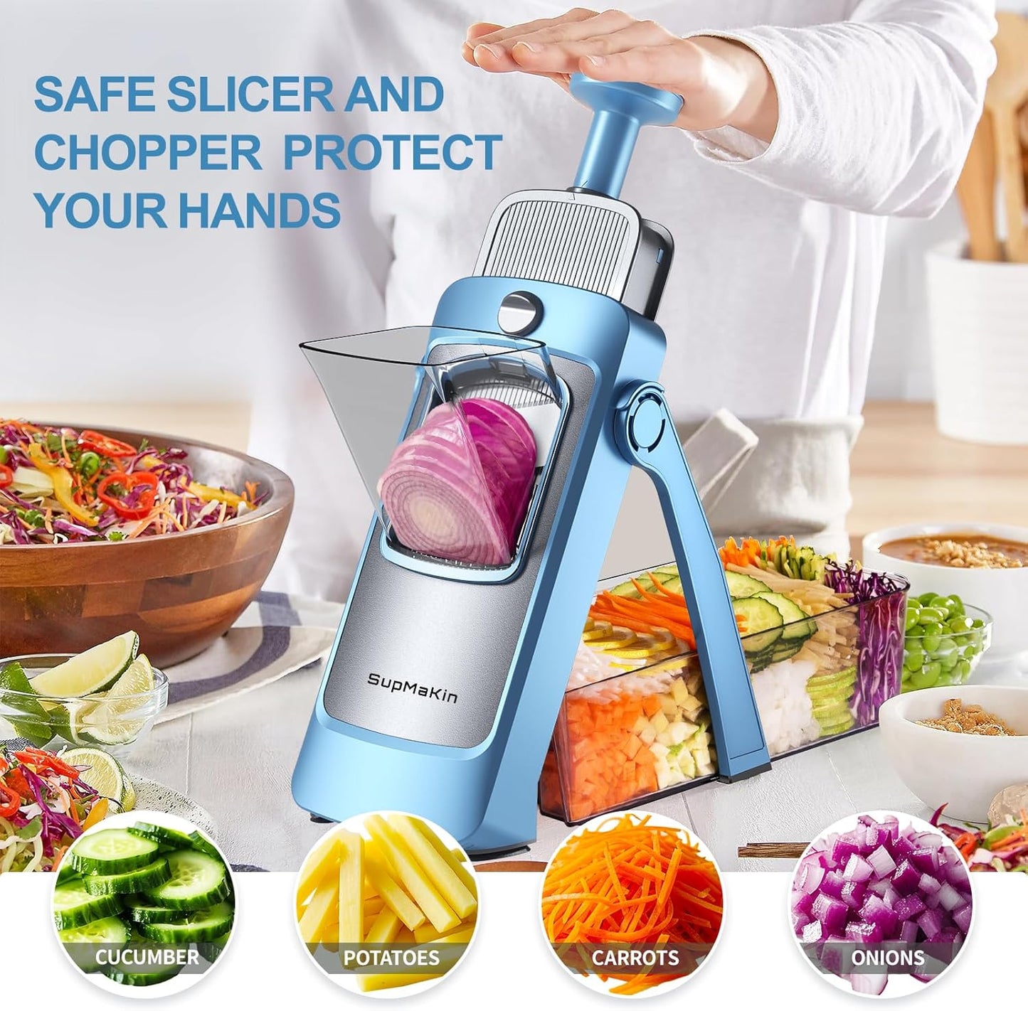 SupMaKin Safe Mandoline Slicer Plus for Kitchen Adjustable Vegetable Slicer | 0.1-8mm, Cut Resistant Stainless Steel Blades,Potato Fry Cutter, Onion Chopper, Detachable,Foldable Dishwasher Safe, Gifts
