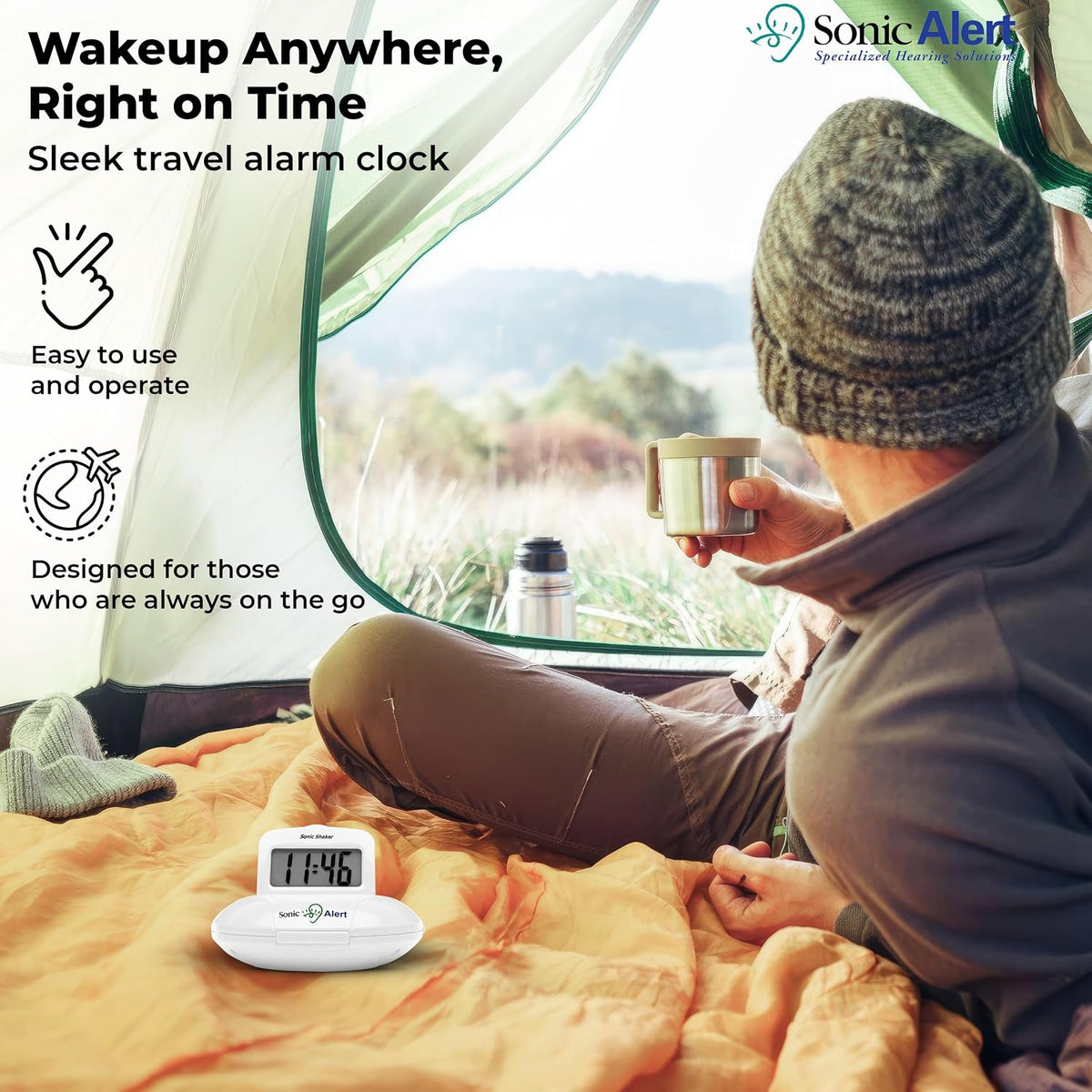 Sonic Alert Digital Alarm Clock - Travel Alarm Clock for Heavy Sleepers - Bed Shaker Alarm Clock - Vibrating Alarm Clock Under Pillow - Battery Operated – White