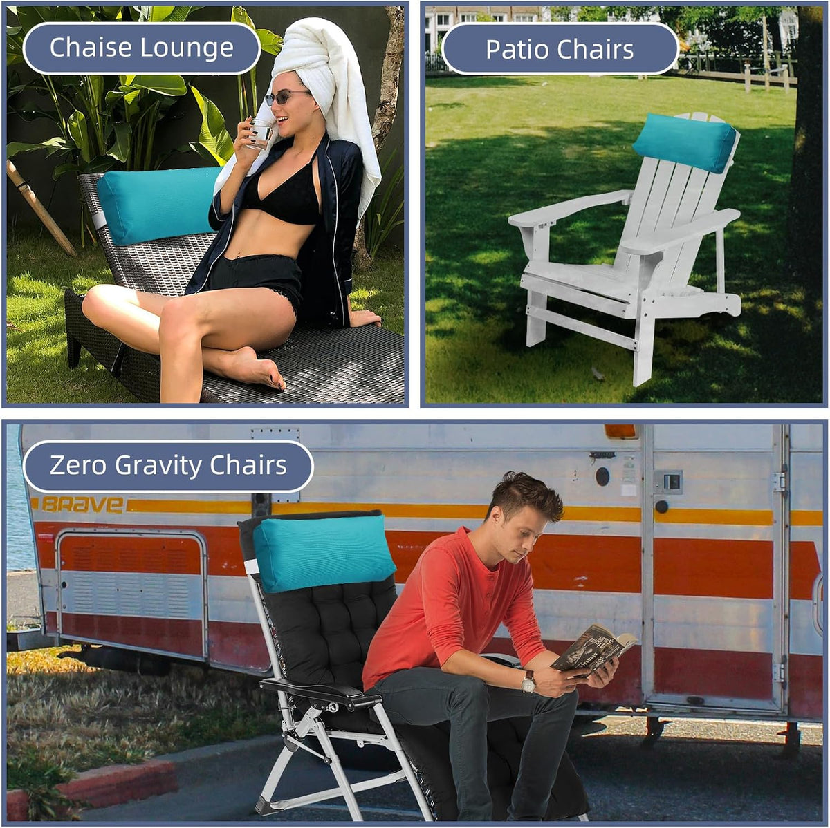 Chaise Lounge Head Pillow, 2 Pack Outdoor Patio Pillows with Adjustable Strap, Lounge Head Resting Pillow for Recliner Beach Pool Lounger Office Chair，Water Resistant Gray