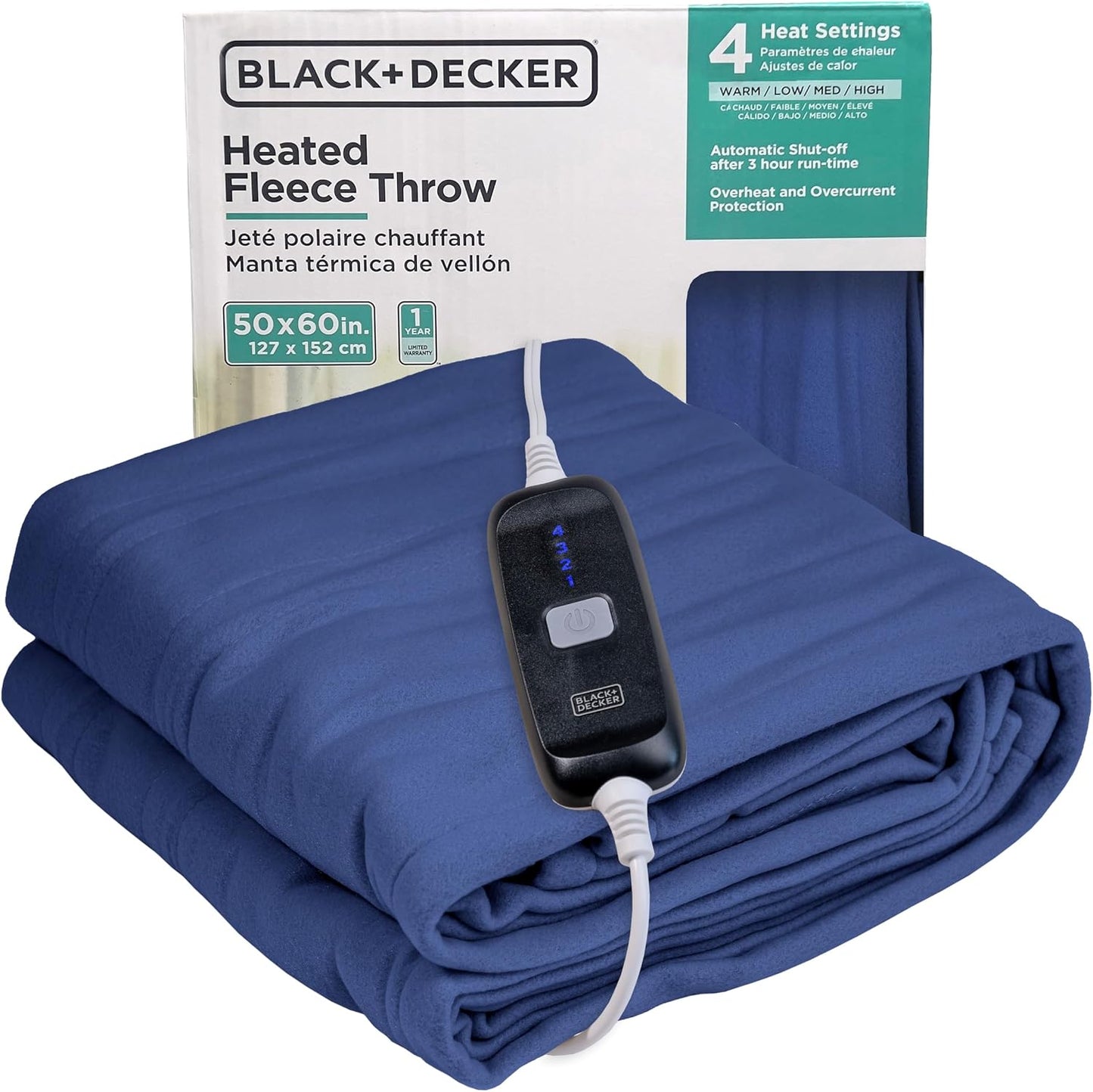 Black+Decker Heated Blanket Electric Throw, Fleece Electric Blanket, Heating Blanket with 4 Heating Levels, 3H Timer, Auto Shutoff, Fast Heating (50x60 inches, Grey)