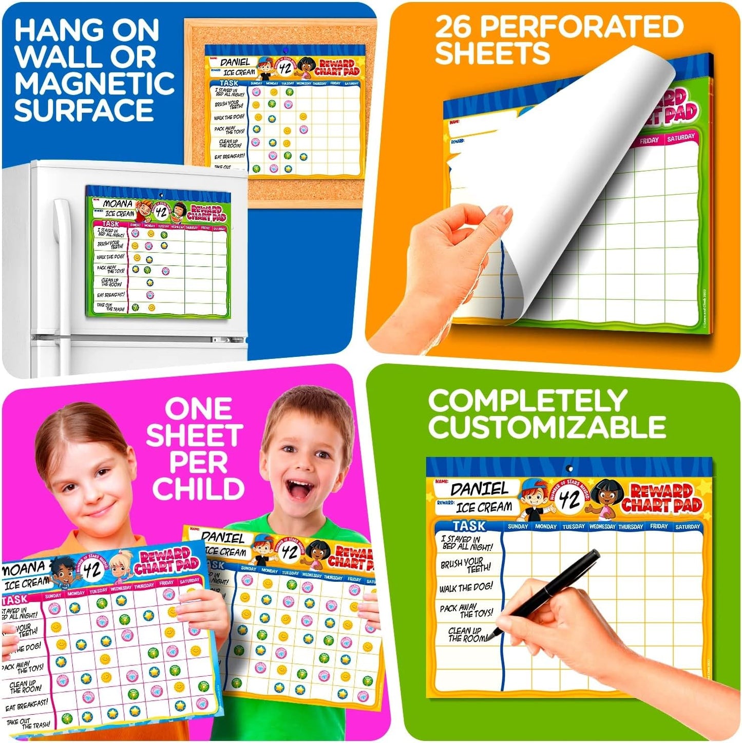 Behavior Reward Chart System - Pad with 26 Chore Charts for Kids, 2800 Stickers to Motivate Responsibility & Good Habits